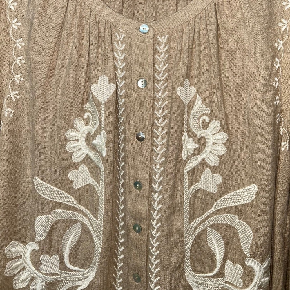 J.Jill Womens Embroidered Long Sleeve Button Front Linen Blend Dress Tan Small - Picture 7 of 8